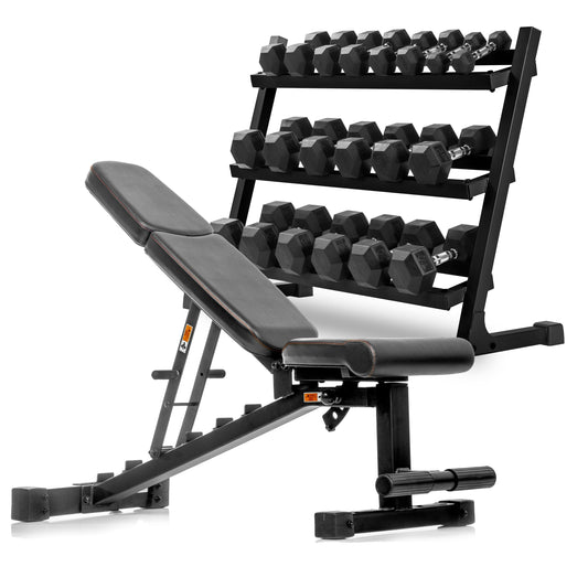 5-50lb Hex Dumbbell Set with Rack & Bench - Complete Package