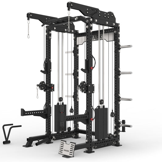Commercial half rack functional trainer side view showing cable system and frame construction