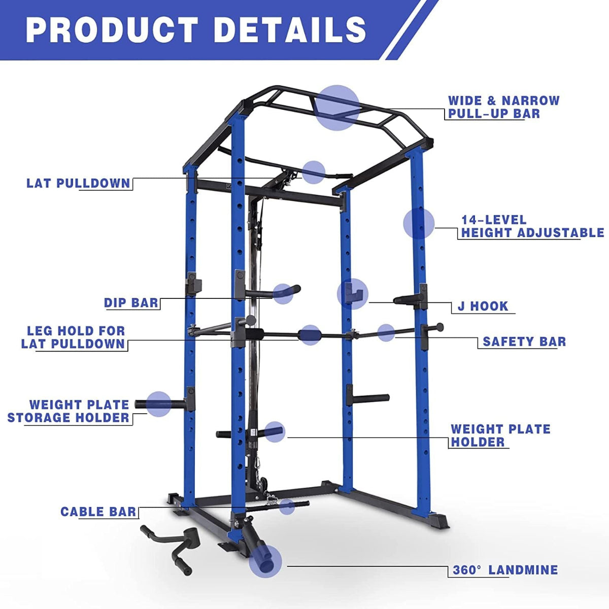 Blue power cage detailed view of pull-up bar and upper frame assembly