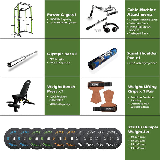 Complete Green 210lb Home Gym Power Cage Package
