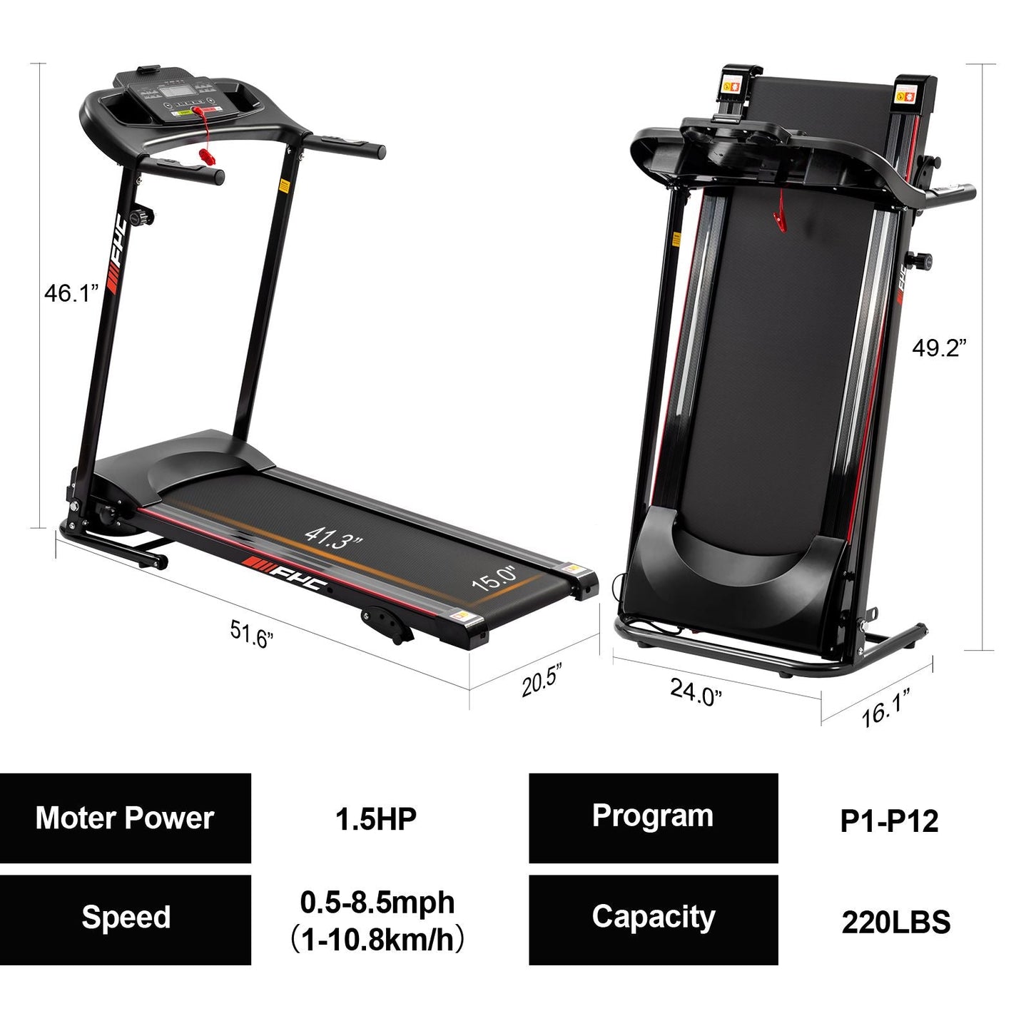 FYC Folding Treadmills for Home with Bluetooth and Incline, Portable Running Machine Treadmills Foldable for Exercise Home Gym Fitness Walking Jogging