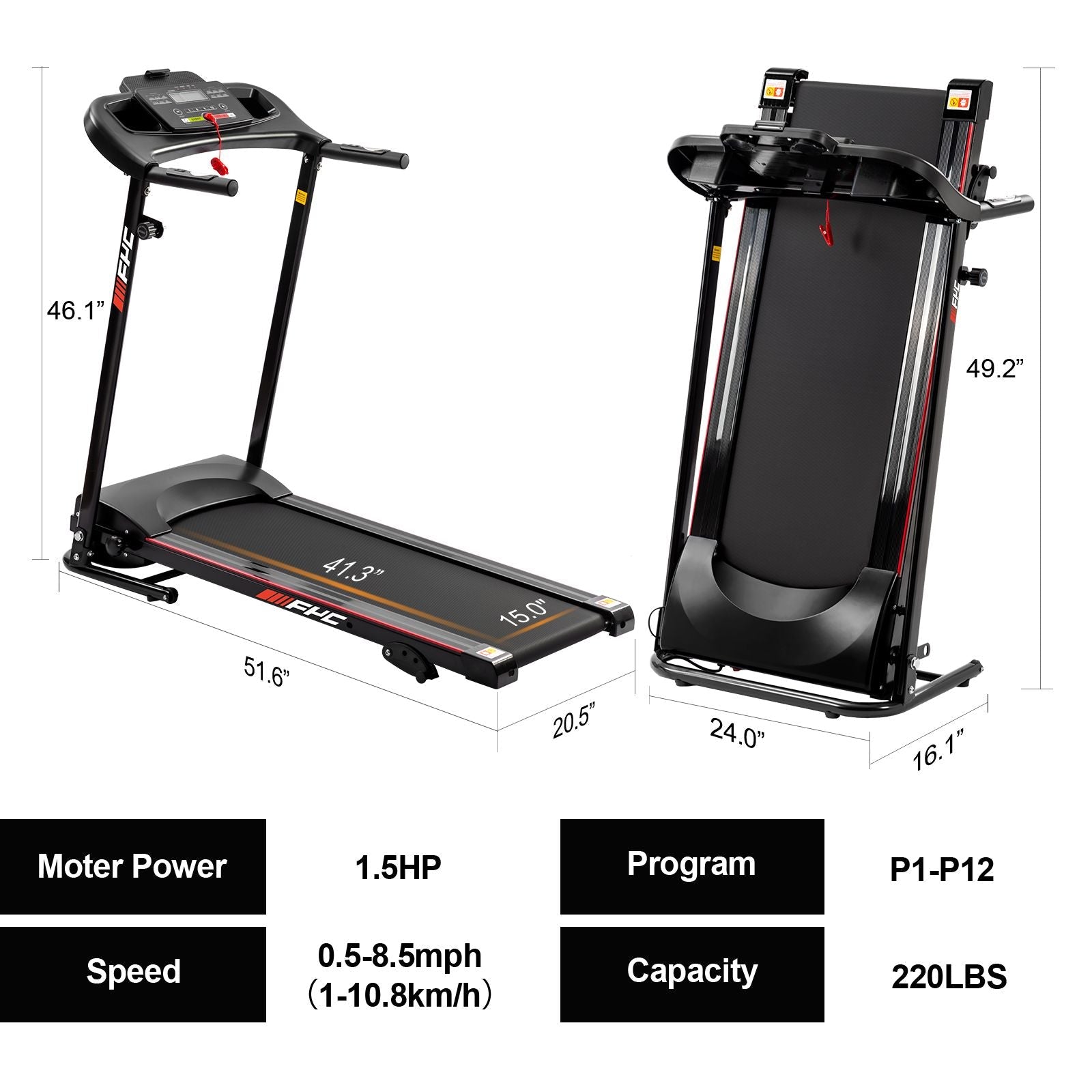 Foldable treadmill with dimensions and specifications on a white background