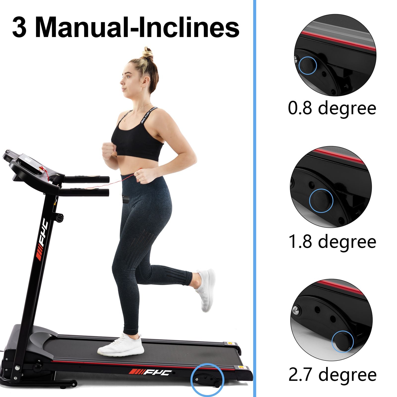 Woman using a treadmill with manual inclines shown in detail