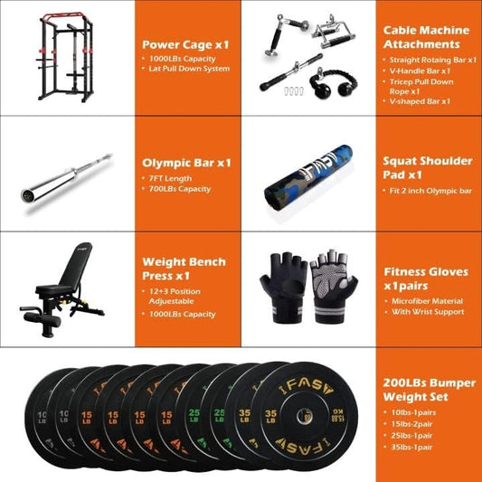 Multi-functional Power Cage, Home Adjustable Pullup Squat Rack Comprehensive Fitness Barbell Rack *with plates, accessories. And Olympic bar