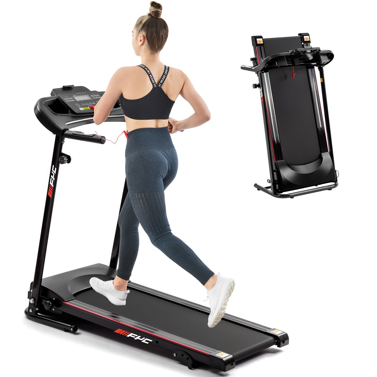 Woman using a 2.5 hp  fyc treadmill with a clear background