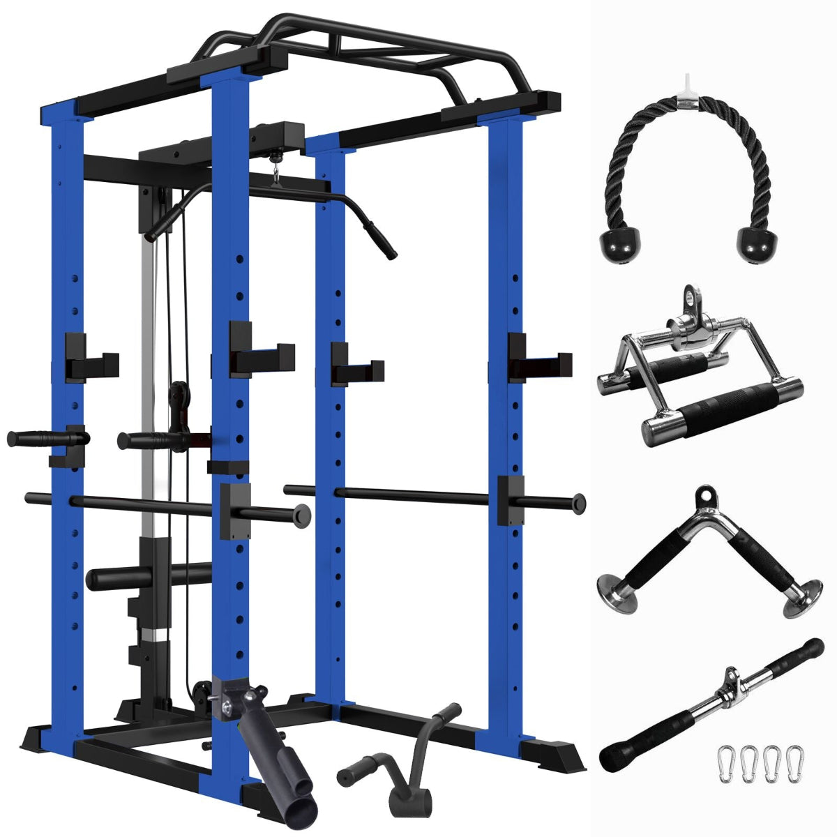Blue multi-functional power cage front view showing pull-up bar and safety features