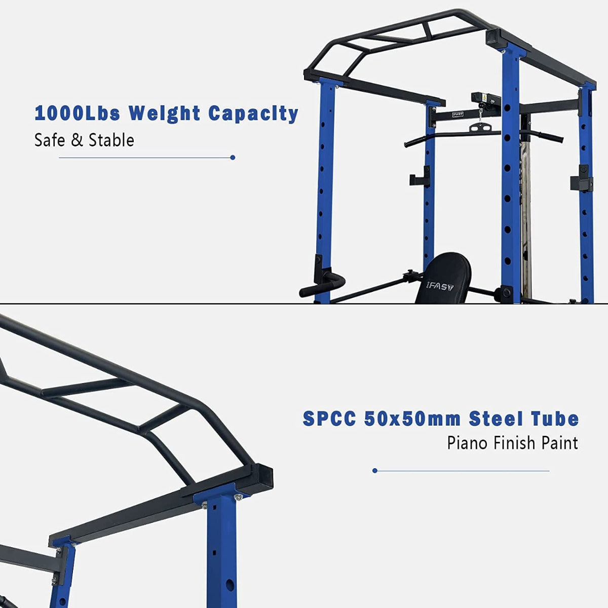 Blue weightlifting rack with text highlighting weight capacity and material details on a white background