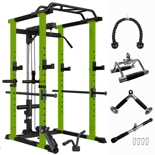 1000 lbs. capacity Green Multi-functional Power Cage, Home Adjustable Pullup Squat Rack Comprehensive Fitness Barbell Rack