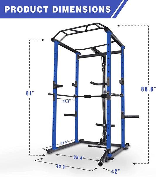Blue power cage side angle view displaying adjustable safety bars and frame construction